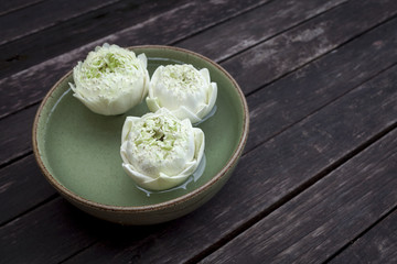 White lotus flower floating in green bowl with space on wood floor