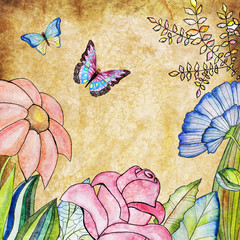 Obrazy  Stary papier z akwarelowymi kwiatami