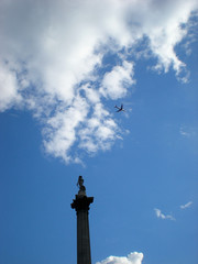 Nelson monument in London agains blue sky.