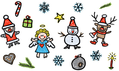 XMAS Vektor Set: Rentier, Engel, Schneemann, Weinachtsmann / handgezeichnet, Kreidezeichnung, freigestellt, Cartoon, farbig
