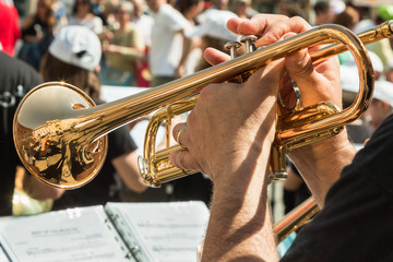 Fototapeta na wymiar Beard Man Playng Brass Lacquered Trumpet