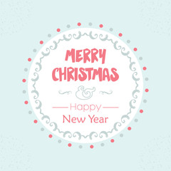 Merry Christmas and Happy New Year vintage message on light blue background