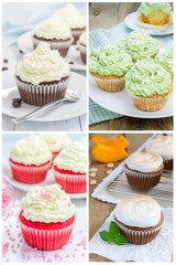 Collage with different kinds of cupcakes: chocolate, matcha, red velvet, pumpkin