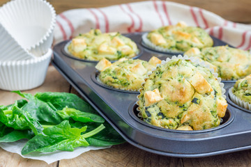 Freshly baked snack muffins with spinach and feta cheese