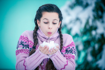 beautiful girl freezing in winter park