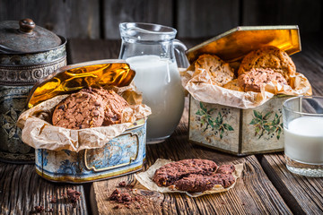 Breakfast with chocolate cookies and milk