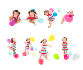 Kid playing with balloons over white background