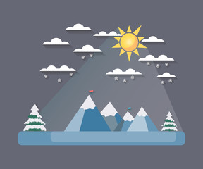 Winter landscape with a flat style. Sun with clouds on the mountain tops. The falling snow. Snow-covered trees. The flag on top. The long shadow. Vector illustration.