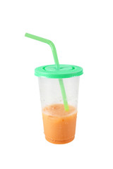 Iced coffee with straw half a plastic cup isolated on white back
