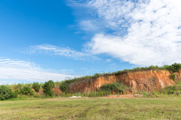 Fototapeta premium Soil cross section, green grass and blue sky