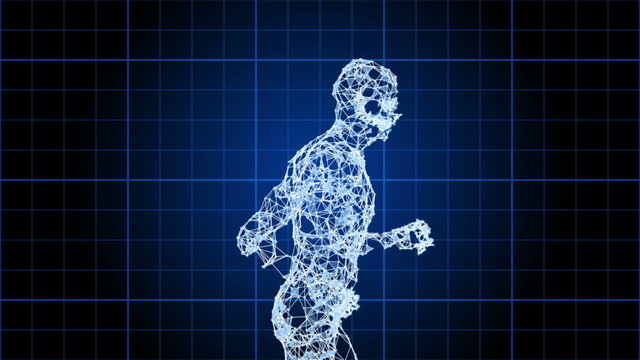 Particle Man 1001: A running man made of abstract, complex particles on a blue grid (Loop).
