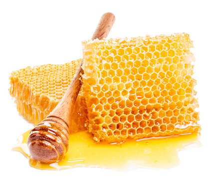 Honeycomb and honey drizzler. High-quality picture.