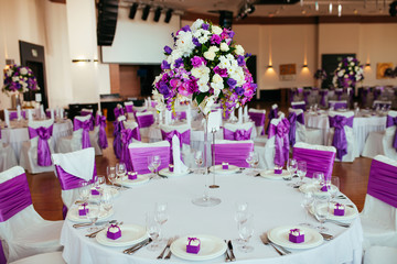 Table set for wedding or another catered event dinner.