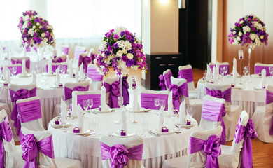 Table set for wedding or another catered event dinner.