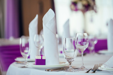 Table set for wedding or another catered event dinner.