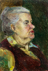 Beautiful Original Oil Painting  of Portrait of a grandmother in brown and green tones On Canvas
