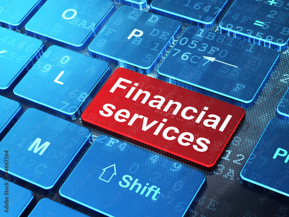 Poster currency concept: financial services on computer keyboard background