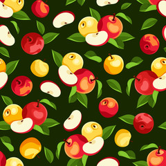 Vector seamless pattern with red and yellow apples and green leaves on a green background.