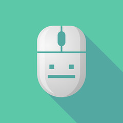 Wireless long shadow mouse icon with a emotionless text face
