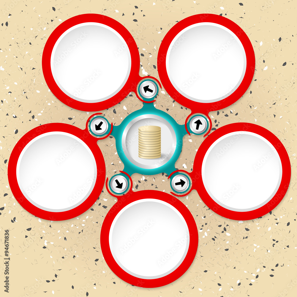 Poster five red circular text boxes and golden coin