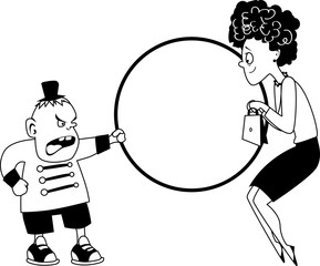 Spoiled child in a lion tamer costume making his  Mom jump through a hoop, EPS 8 vector line art, no white objects