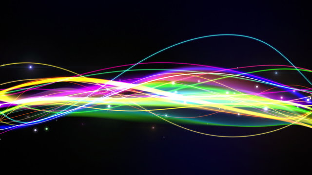 Abstract bending colorful lines with flying particles loop
