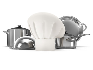stainless steel kitchenware with chef hat isolated on white background