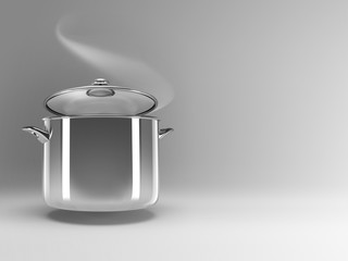 stainless pan with fragrant smoke on gray background