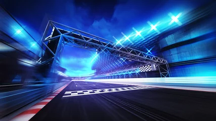 Foto op Aluminium Motorsport finish poort op renbaanstadion en schijnwerpers in bewegingsonscherpte
