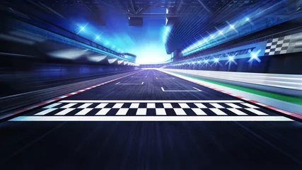 Fotobehang Motorsport finishlijn op het circuit met schijnwerpers in bewegingsonscherpte