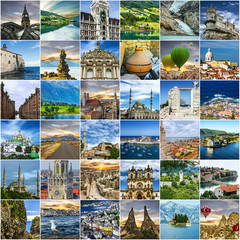 Fototapeta na wymiar Travel collage. Norway, Portugal, Madeira, Greece, Turkey