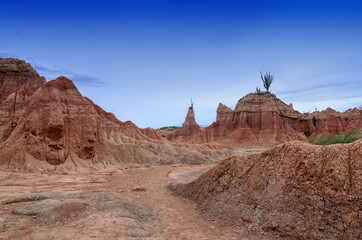 Stunning landscape of Tatacoa desert under deep blue evening sky 