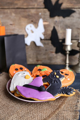 Halloween cookies in decorated room
