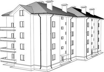 3D render of the building. The house has an apartment on a white background. Vector.