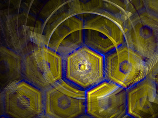 Abstract digitally generated image with rings and hexagons