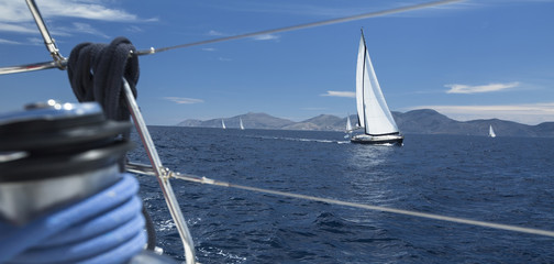 Sailing regatta. Ship yachts with white sails in the open Sea. Luxury boats.