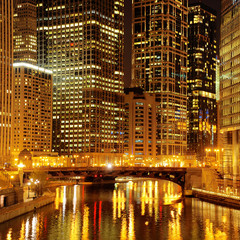 Chicago downtown and Chicago River at night
