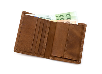 brown leather wallet with money isolated on white background