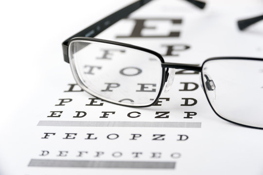 Eye glasses on eyesight test chart background close up