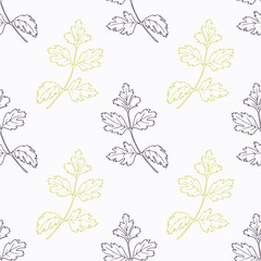 Hand drawn parsley branch stylized black and green seamless pattern