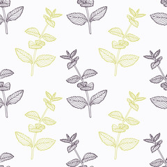 Cotton fabric Hand drawn mint branch stylized black and green seamless pattern