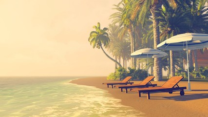 Cozy tropical beach with palm trees, deckchairs and parasols at sunset
