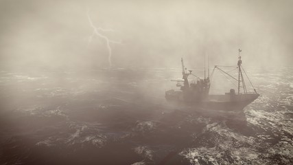 Heavy storm in the open sea with small fishing boat at foreground and with lightning flashes in the distance