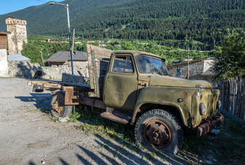 old rusty soviet truck in Mestia town; Upper Svanetia region, Georgia