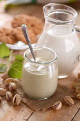 yogurt al pistacchio fatto in casa con ingredienti intorno