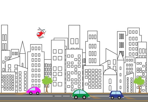 Vector illustration of a city street with colorful icons of cars