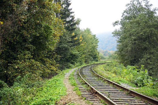 Railway track over green trees background