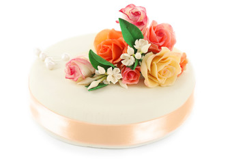 Fototapeta na wymiar Cake with sugar paste flowers, isolated on white