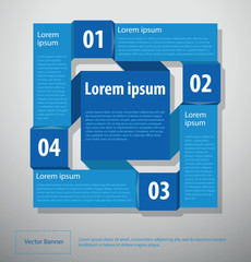 Vector Chart template, square big. Infographics. Image of Information banner consisting of four steps rectangles and squares blue color on a gray background. 