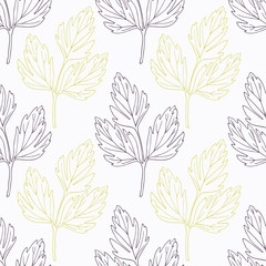 Hand drawn lovage branch wirh flowers stylized black and green seamless pattern